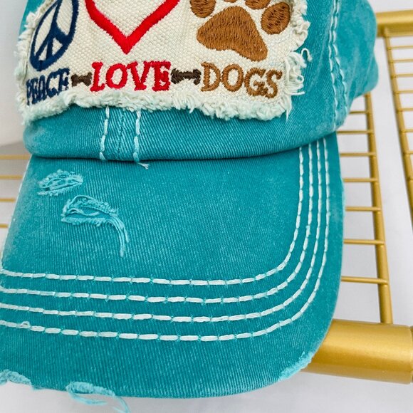 BRAND NEW, Never Worn Distressed Peace, Love and Dogs Turqouise Adjustable Hat! - Picture 7 of 8
